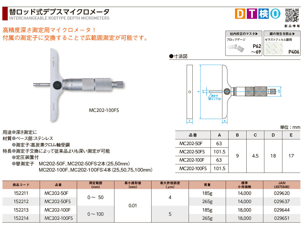 新潟精機 SK デプスマイクロメーター 替ロッド式 0-50mm MC202-50FS 通販