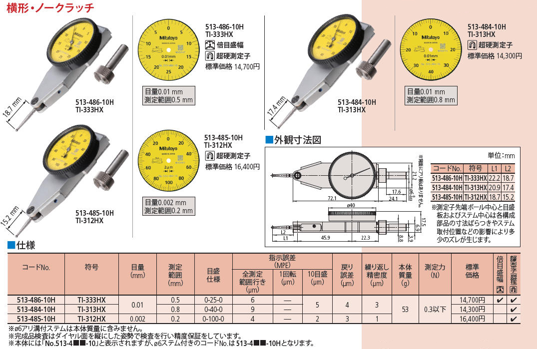 ミツトヨ 513-426-10H TI-153HX 縦形 ノークラッチ 標準テストインジケータ 通販