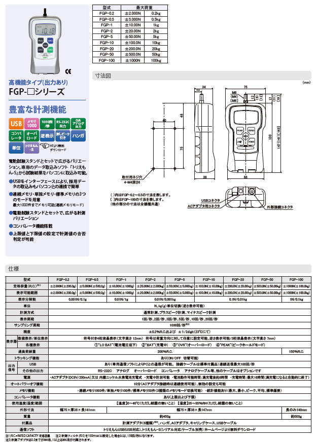 超高品質で人気の <br> 日本電産シンポ FGP-50 高機能タイプデジタルフォースゲージ 出力付 ５００Ｎ